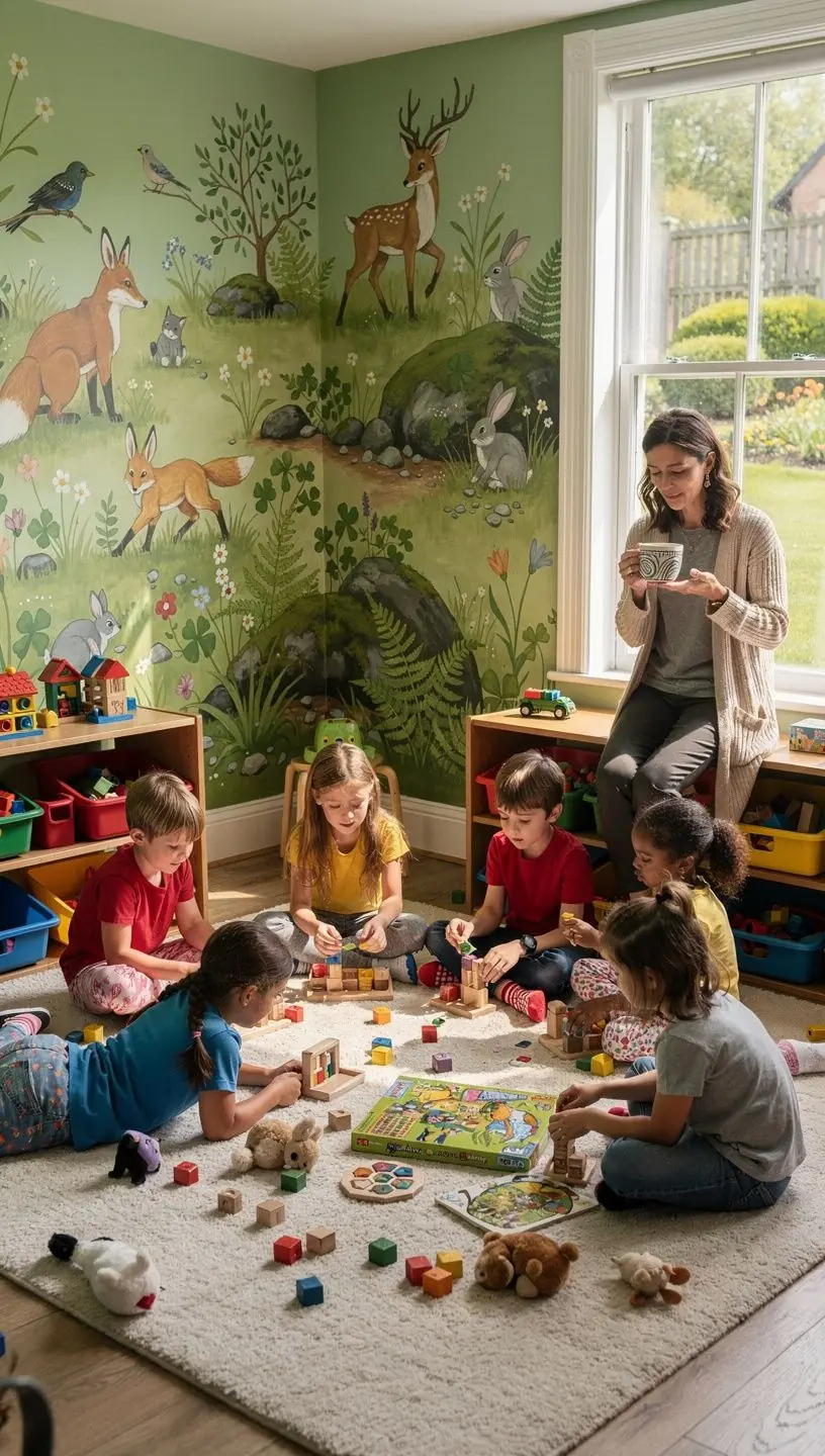 Cozy living room featuring a plush sofa in warm tones and a textured rug, complemented by wooden accents.